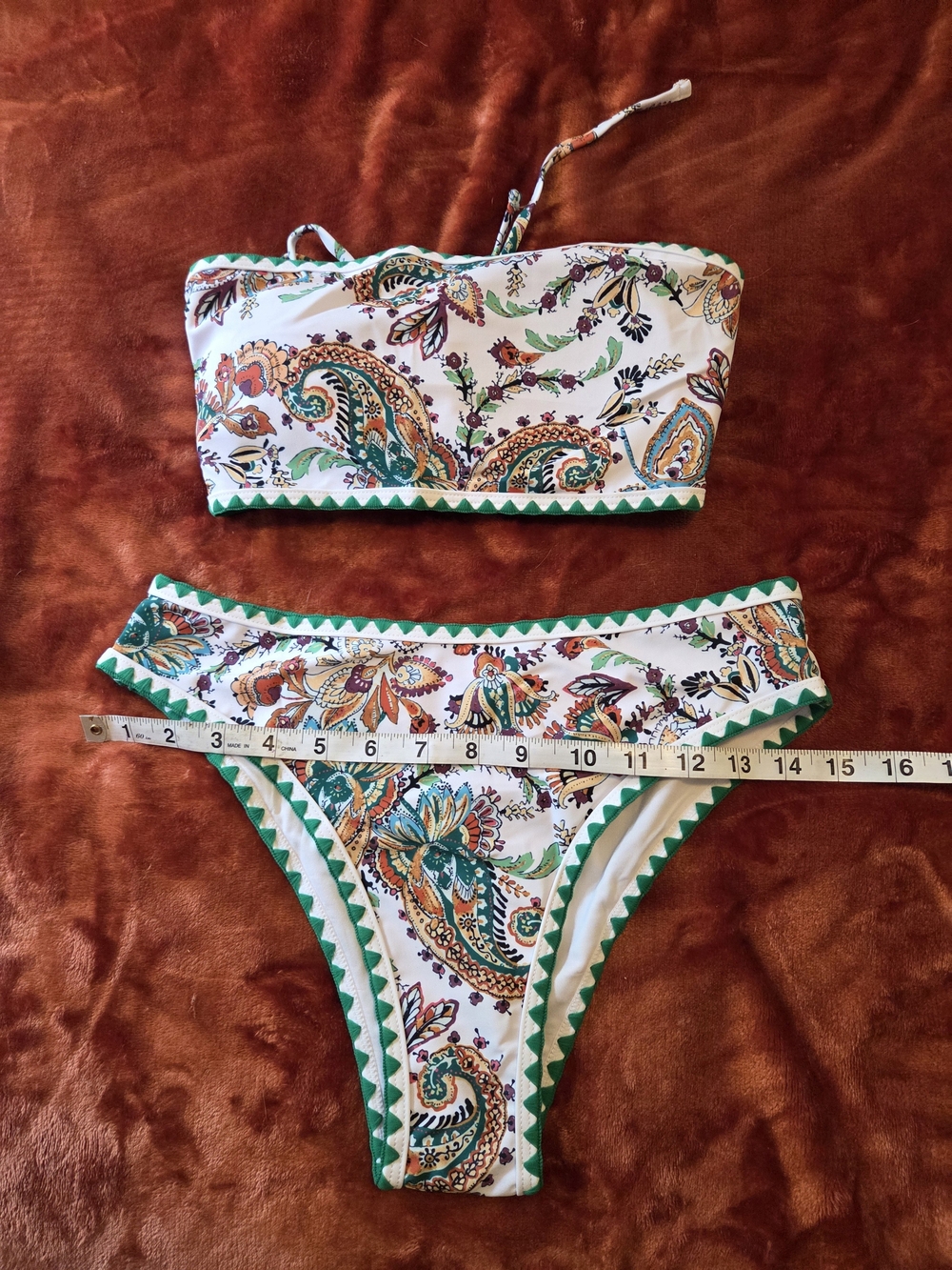 Zaful White Paisley Print Bandeau Bikini with Green Trim